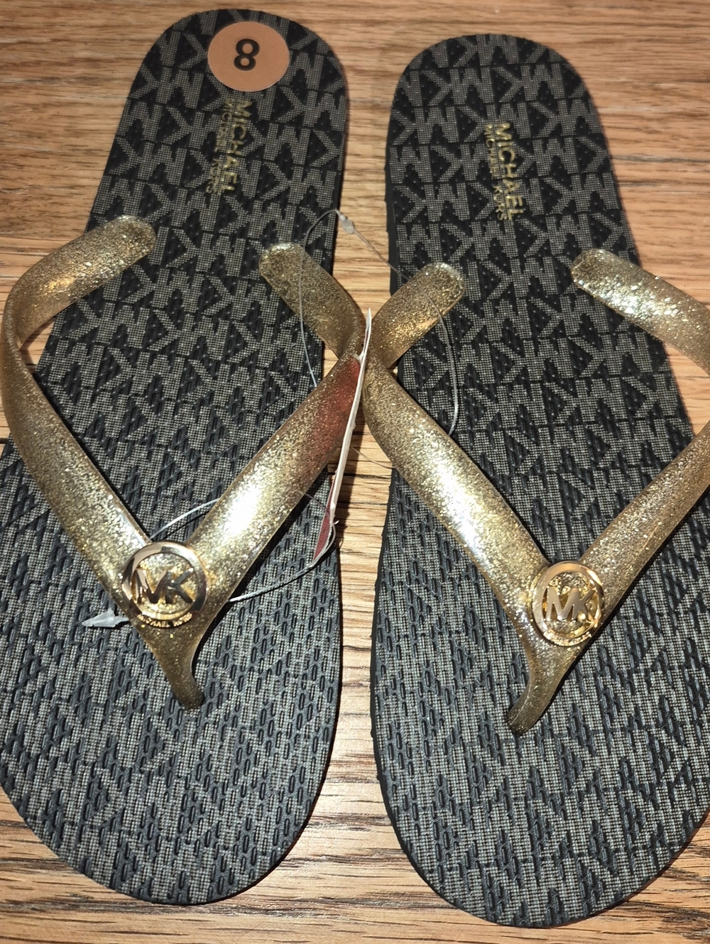 NWT Size 8 Michael Kors Jet Set Signature Flip Flops Brown/Gold Logo New!
